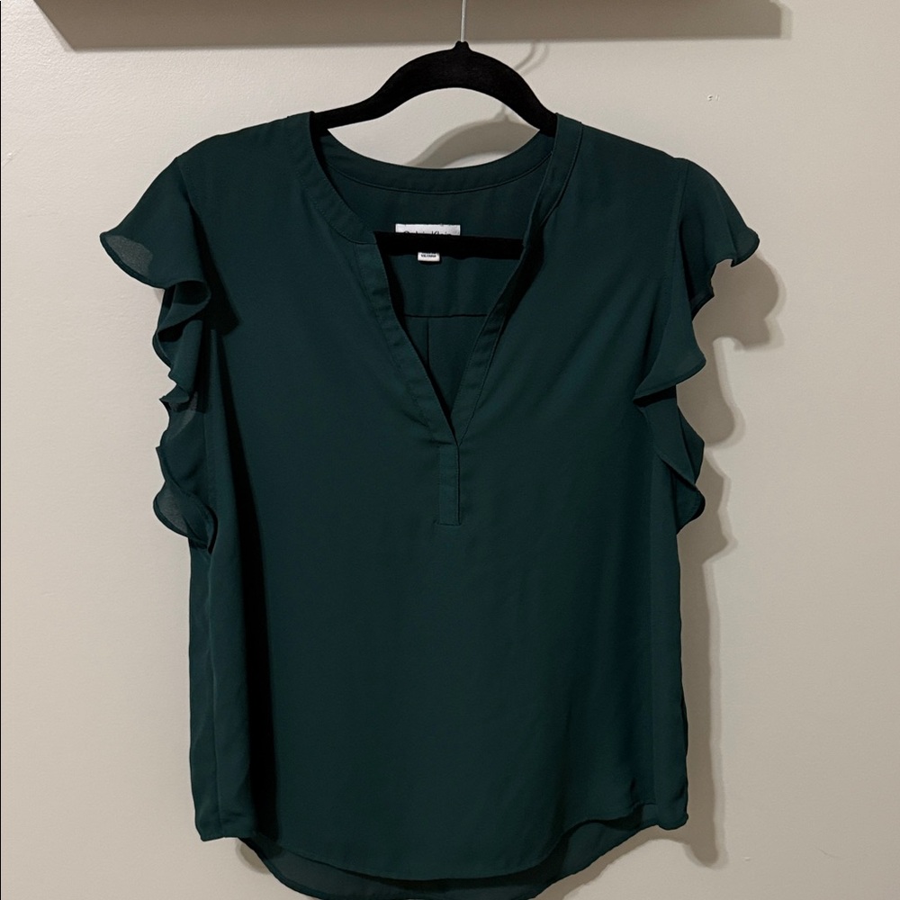 Calvin Klein Emerald Green Flowy Blouse with Deep V-Neck